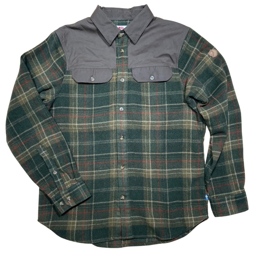 Fjallraven Flannel Trekking Shirt Mens M Green Plaid G-1000 Shoulder Outdoor